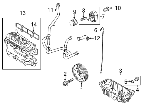 2020 Ford Escape Engine Parts, Mounts, Cylinder Head & Valves, Camshaft & Timing, Variable Valve Timing, Oil Cooler, Oil Pan, Oil Pump, Adapter Housing, Balance Shafts, Crankshaft & Bearings, Pistons, Rings & Bearings Diagram 1