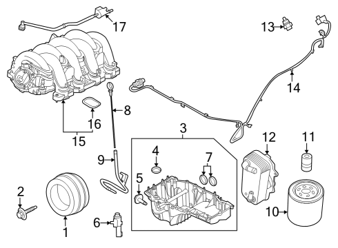 2023 Ford F-250 Super Duty Engine Parts, Mounts, Cylinder Head & Valves, Camshaft & Timing, Variable Valve Timing, Oil Cooler, Oil Pan, Oil Pump, Adapter Housing, Crankshaft & Bearings, Pistons, Rings & Bearings Diagram 2