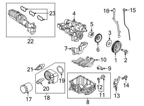 2020 Ford EcoSport Engine Parts, Mounts, Cylinder Head & Valves, Camshaft & Timing, Variable Valve Timing, Oil Cooler, Oil Pan, Oil Pump, Balance Shafts, Crankshaft & Bearings, Pistons, Rings & Bearings Diagram 1