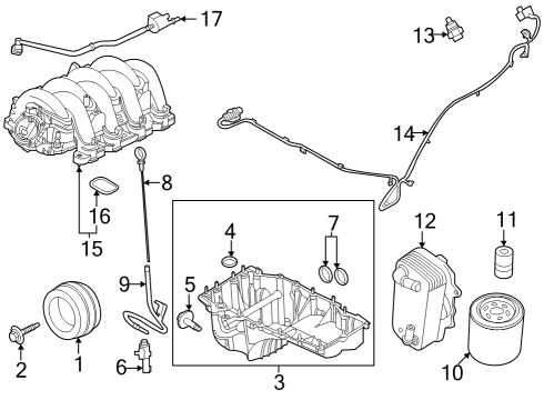 2023 Ford F-250 Super Duty Engine Parts, Mounts, Cylinder Head & Valves, Camshaft & Timing, Variable Valve Timing, Oil Cooler, Oil Pan, Oil Pump, Adapter Housing, Crankshaft & Bearings, Pistons, Rings & Bearings Diagram 3