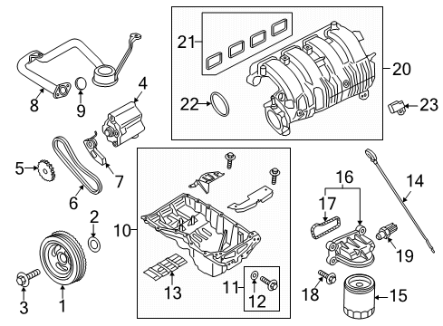 2023 Ford Mustang Engine Parts, Mounts, Cylinder Head & Valves, Camshaft & Timing, Variable Valve Timing, Oil Cooler, Oil Pan, Oil Pump, Adapter Housing, Balance Shafts, Crankshaft & Bearings, Pistons, Rings & Bearings Diagram 1