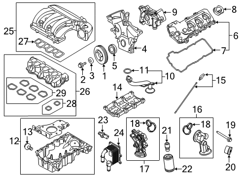 2019 Ford Police Interceptor Sedan Engine Parts, Mounts, Cylinder Head & Valves, Camshaft & Timing, Variable Valve Timing, Oil Cooler, Oil Pan, Oil Pump, Adapter Housing, Crankshaft & Bearings, Pistons, Rings & Bearings Diagram 2