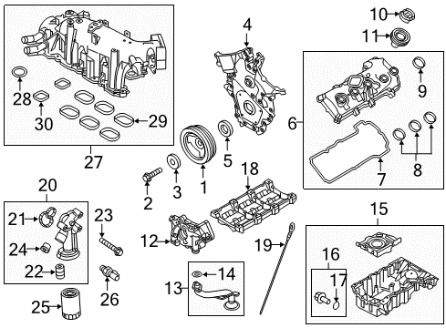 2019 Ford Police Interceptor Sedan Engine Parts, Mounts, Cylinder Head & Valves, Camshaft & Timing, Variable Valve Timing, Oil Cooler, Oil Pan, Oil Pump, Adapter Housing, Crankshaft & Bearings, Pistons, Rings & Bearings Diagram 1