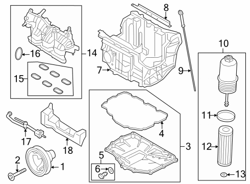 2023 Ford Explorer Engine Parts, Mounts, Cylinder Head & Valves, Camshaft & Timing, Variable Valve Timing, Oil Cooler, Oil Pan, Oil Pump, Adapter Housing, Balance Shafts, Crankshaft & Bearings, Pistons, Rings & Bearings Diagram 2